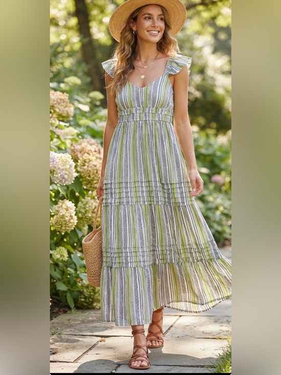 Max+ash Dresses & Skirts - Max+Ash Striped Maxi Dress in Green and White with Ruffle Straps